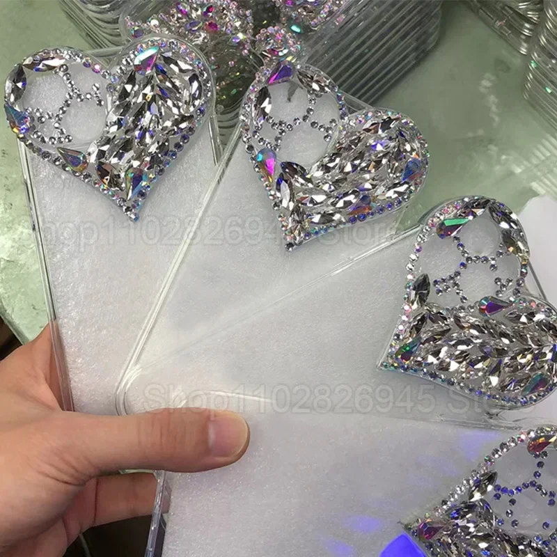 Love Heart Rhinestone Protect Lens Phone Case For IPhone 16 15 14 13 12 11 Pro Xs Max XR 8Plus SE2/SE3 TPU Shockproof Back Cover