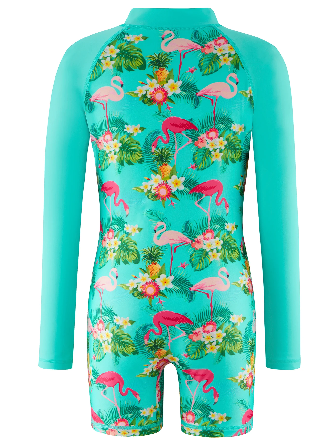 سماوي اللون قطعة واحدة ملابس الاطفال فتاة طويلة الأكمام فلامنغو طباعة ملابس السباحة الشاطئ المياه اللعب الصيف لباس سباحة Boyleg السراويل