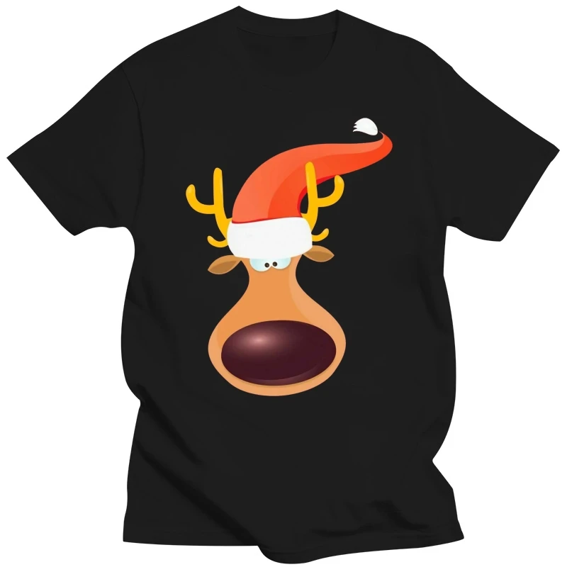 Big Nose Reindeer Face & Antlers Wears Santa Hat Christmas Mens T-Shirt Oversized Tee Shirt