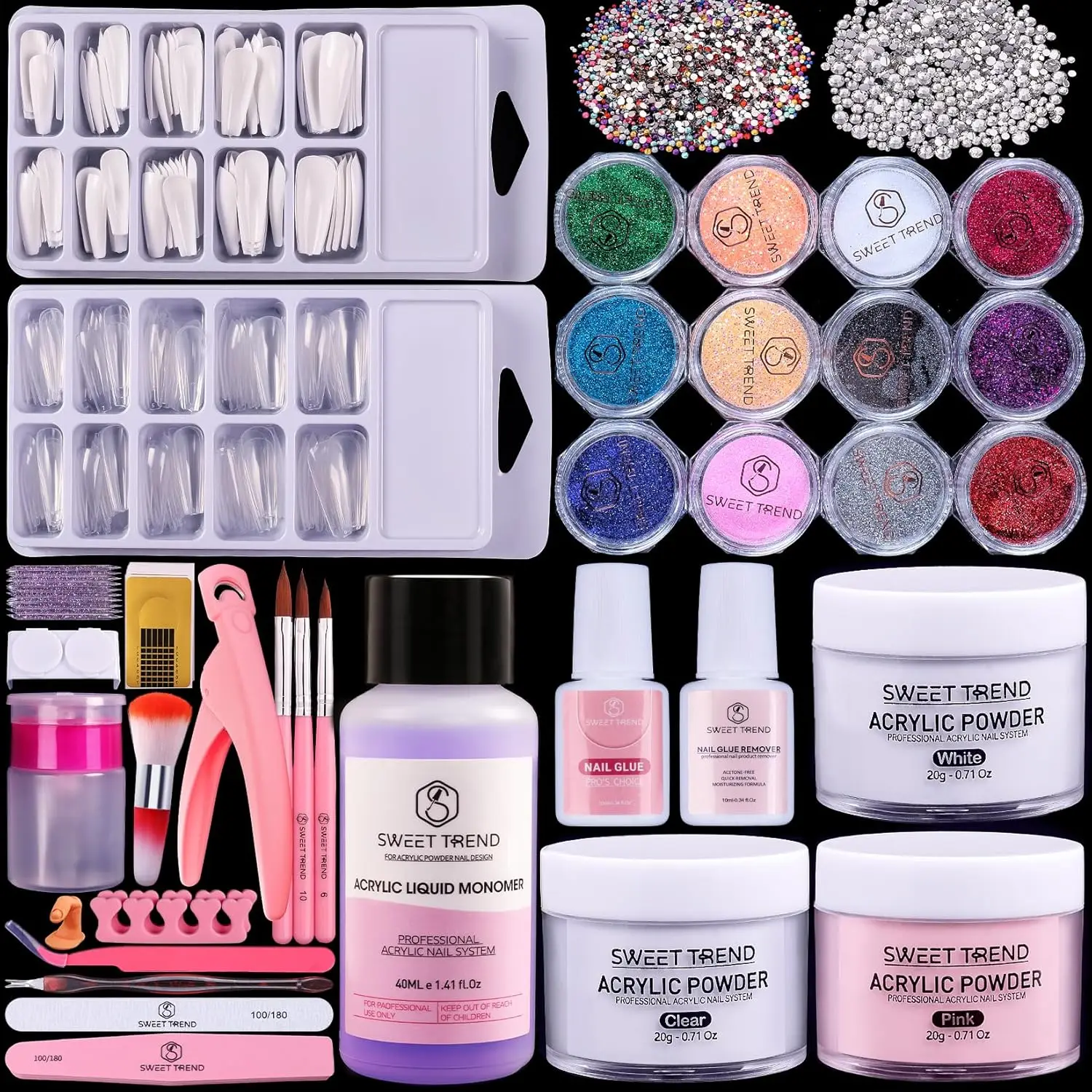 Complete Acrylic Nail Kit for Beginners with Powder, Tips, Glitter & Tools - DIY Home Salon Set