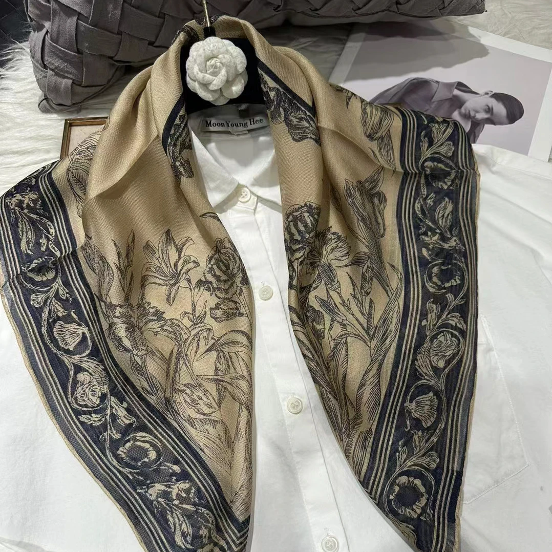 BYSIFA|Khaki Grey 100% Silk Shawl Scarf Fashion Brand Vintage Floral Style Square Scarves Fall Winter Ladies Scarf Hijab Printed