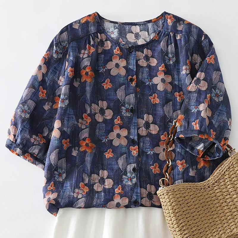 

High-End Women's Cotton Linen Shirt Thin round Neck Summer New Style Commute Style Loose Fit Short Sleeve Casual Business