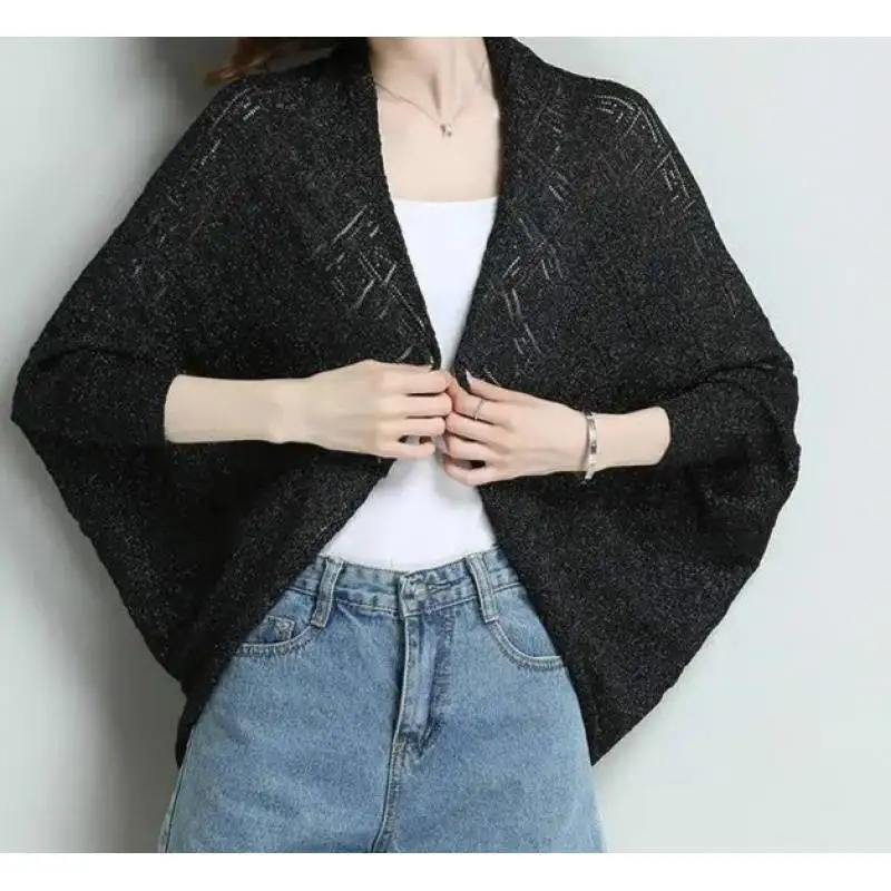 Spring Summer Blouses Wear Women Ice Silk Knitted Cardigan Sunproof  Hollow Shawl Poncho Lady Capes Knitting Blue Cloaks