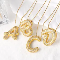 FLOLA Cute Gold Plated Bubble Letter Necklaces for Women Copper Clear Crystal Initial Necklaces Name Jewelry nkez14