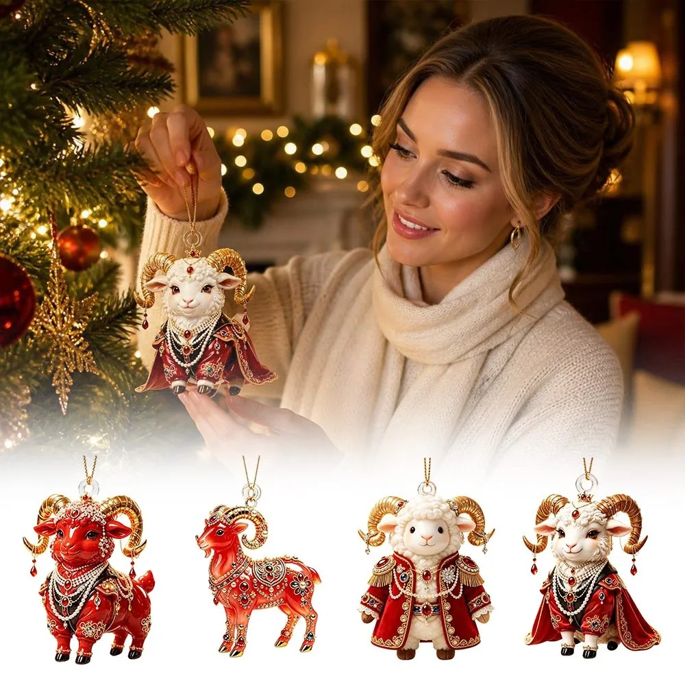 Gifts 2D Flat Goat Hanging Ornament Shining Acrylic Goat Pendant Artificial Rhinestone Simulation Keychain Bag Charms