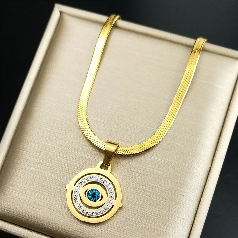 Vintage Blue Rhinestone Evil Eye Pendant Necklace Women Men Stainless Steel Gold Color Blade Chain Choker Hollow Amulet Jewelry