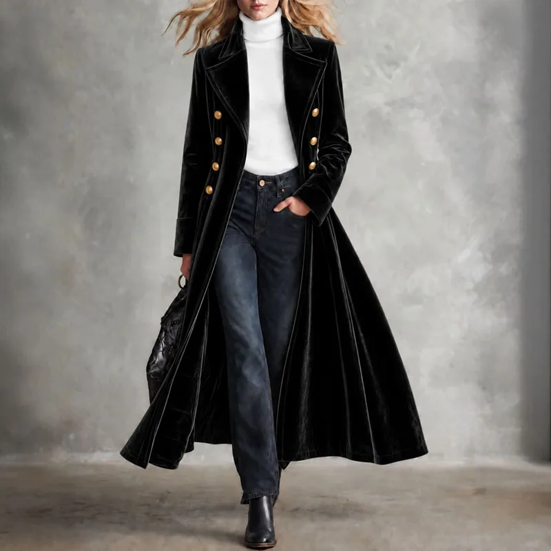 Women Velvet Long Trench Coats Lapel Double Breasted Button Maxi Length Flared Overcoat Elegant Winter Vintage Formal Outerwears
