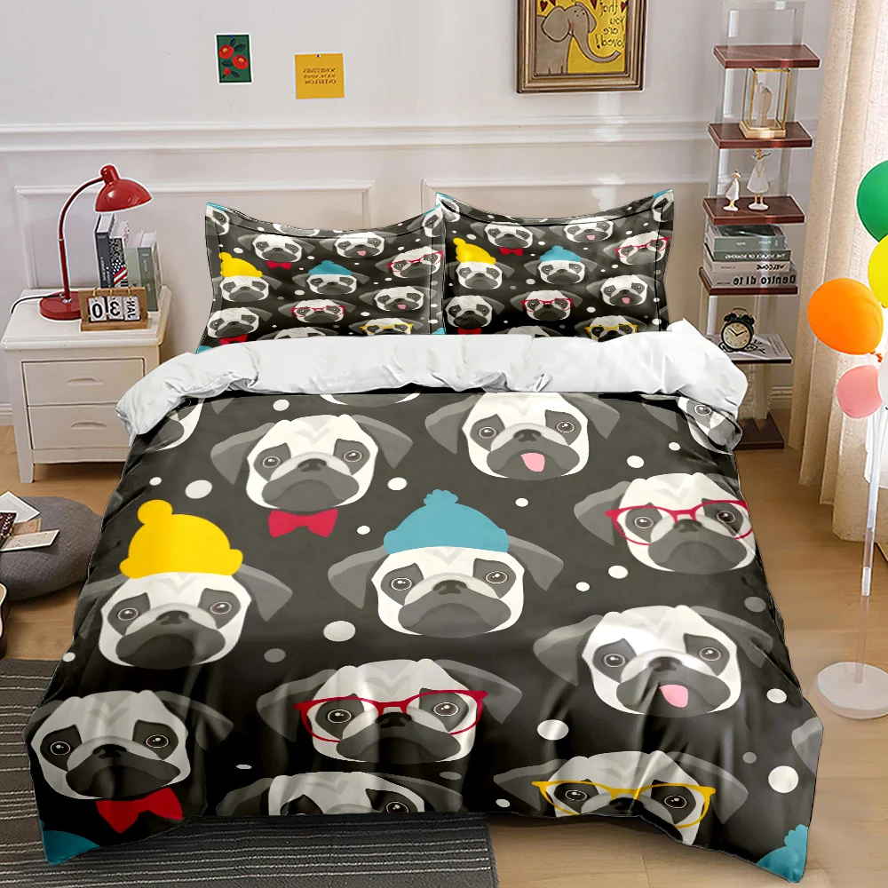 Cartoon Pug Pattern Background Print Soft Comfortable Duvet Cover Bedding Set Included 1*Duvet Cover  2*Pillowcases