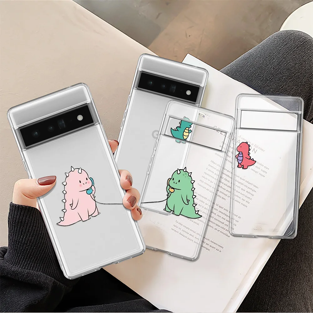 

Cute Couple Dinosaur Phone Case for Pixel 7 Pro 6 6a 6Pro 2 3 3a Transparent Cover for Google 4 4a 5 5a 5G XL Fundas De Pareja