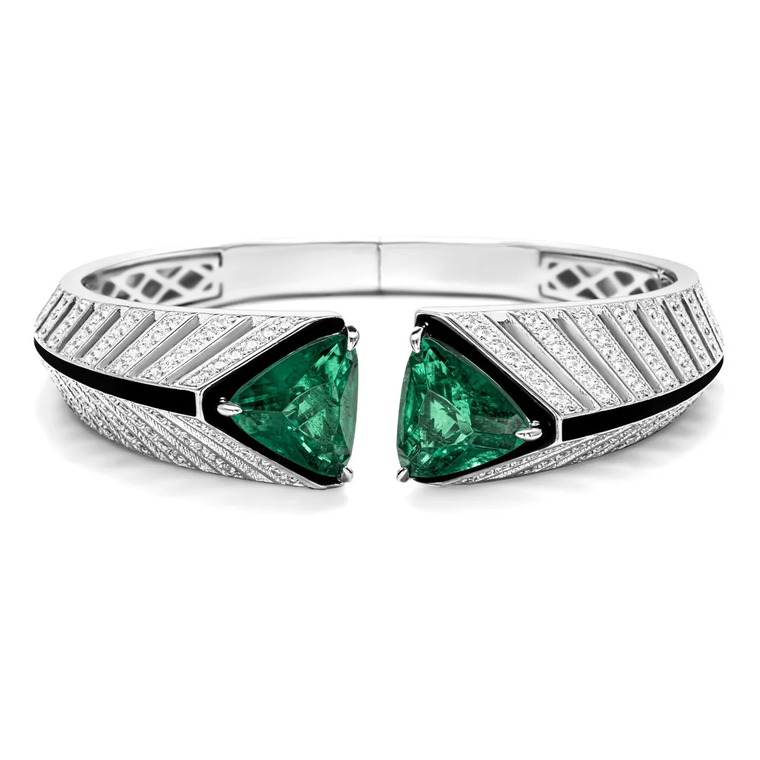 Luxury 925 Sterling Silver BangleTwo Tone Open Emerald Micro Pave Gemstone Fine Jewelry Gift Party Wedding Fine Jewelry