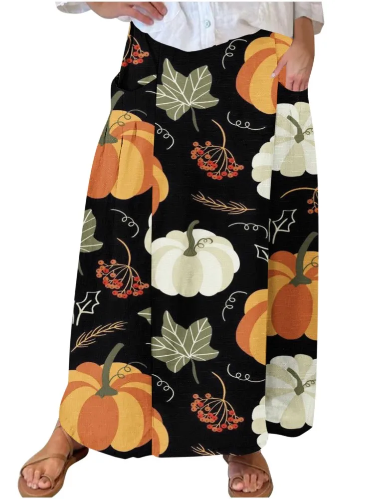 

New Skirts For Female's Pumpkin Printing Pocket Ankle-length Festival Dress Up Ladies Loose Homewear Casual Vintage Fashion 2024