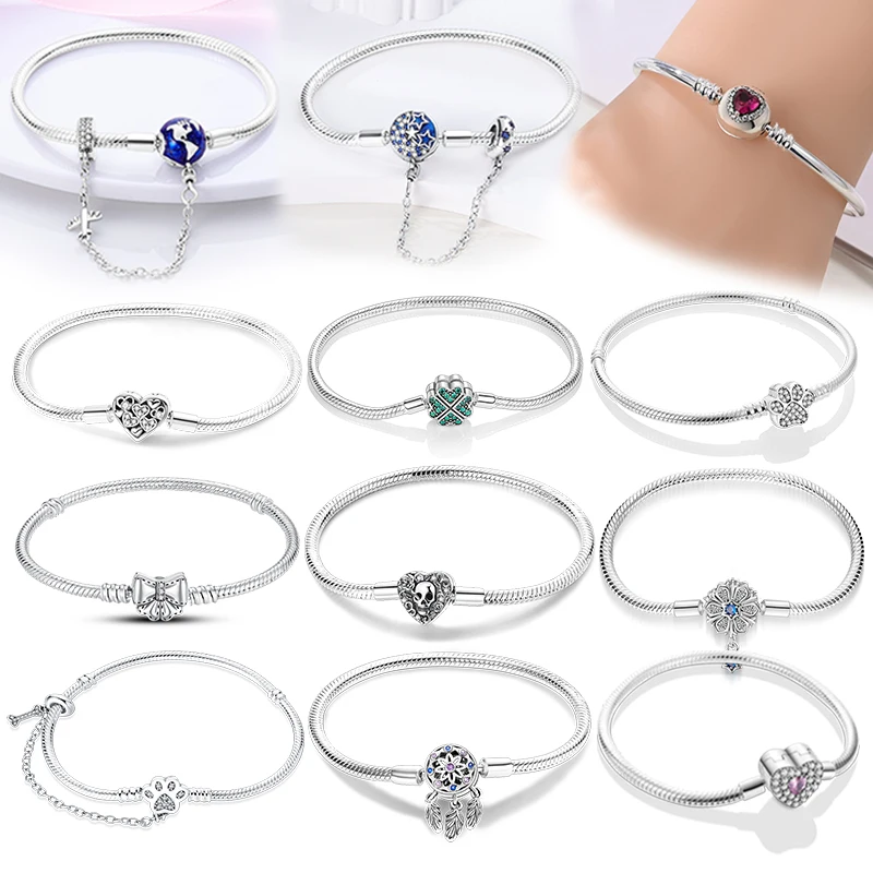 

925 Sterling Silver Bracelets 17-20CM Original Four Leaf Clover Heart Moon Sun Bracelet Fit DIY Charms Beads For Women Jewelry