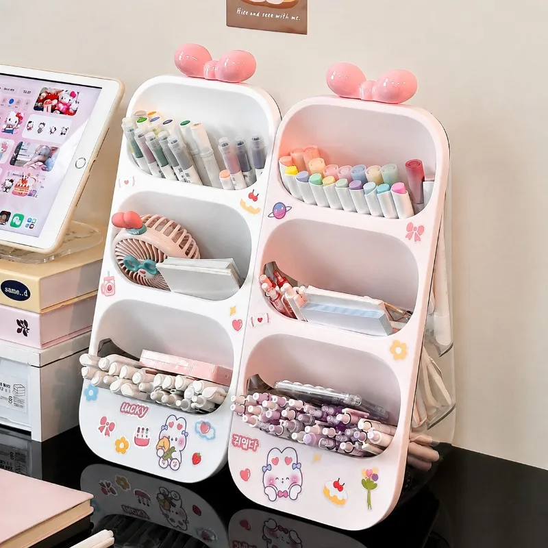 Slant Pen Holder Large Capacity Desktop Organizer Cute Cartoon Pencil Case Storage Rack for Students Office Desk Supplies