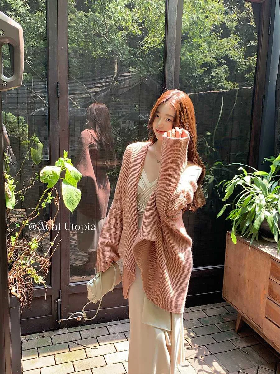 

Mid-Long Cardigans Office Womens Fall Fresh Furry Knitwears Trendy Drop-Shoulder Batwing Knits Cozy Sequined Moda Niche Feminine