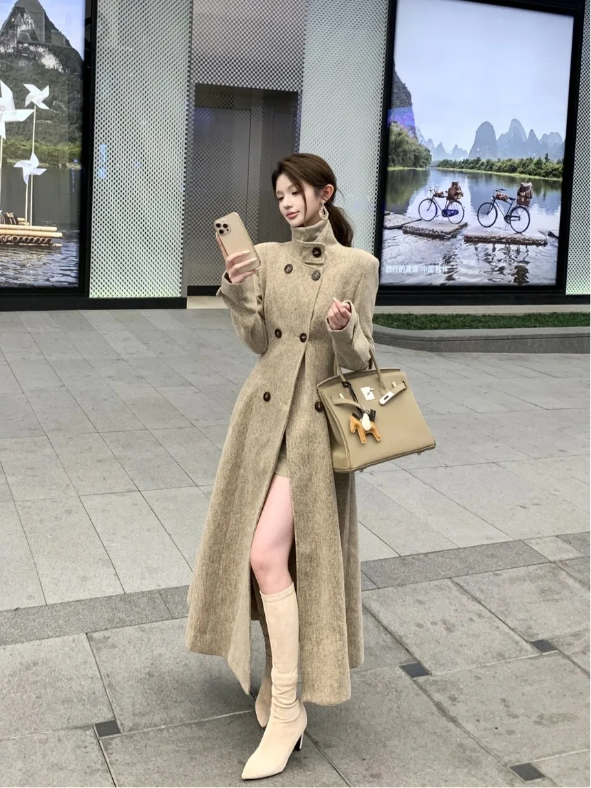 Retro Korean Style Double Row Button Stand Collar Woolen Coat Women's Mid-Length Slimming Elegant High-Quality Outerwear