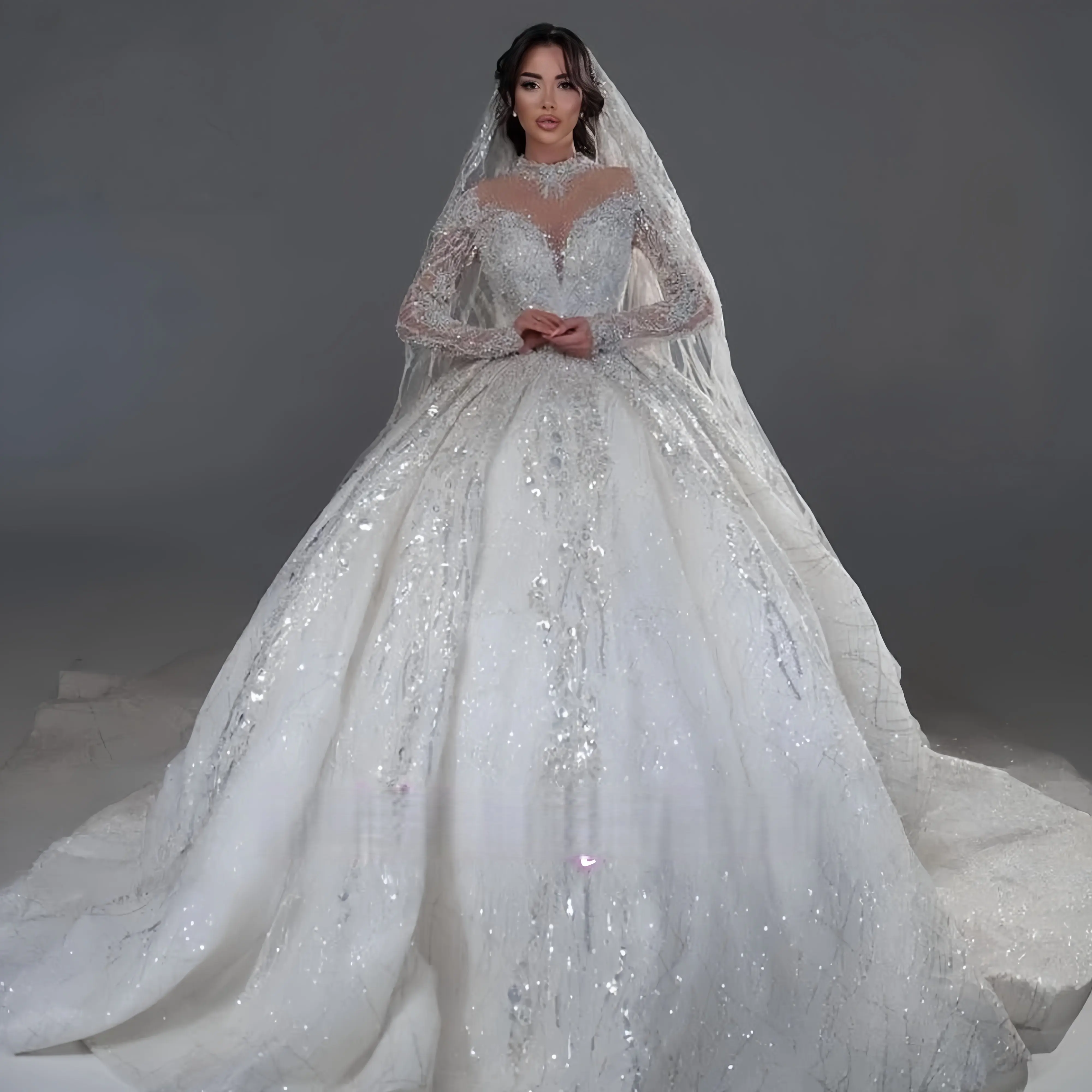 

Customized Exquisite Ball Gown Wedding Dresses High Neck Long Sleeve Vestido De Novia Lace Sequined Princess Bridal Gowns