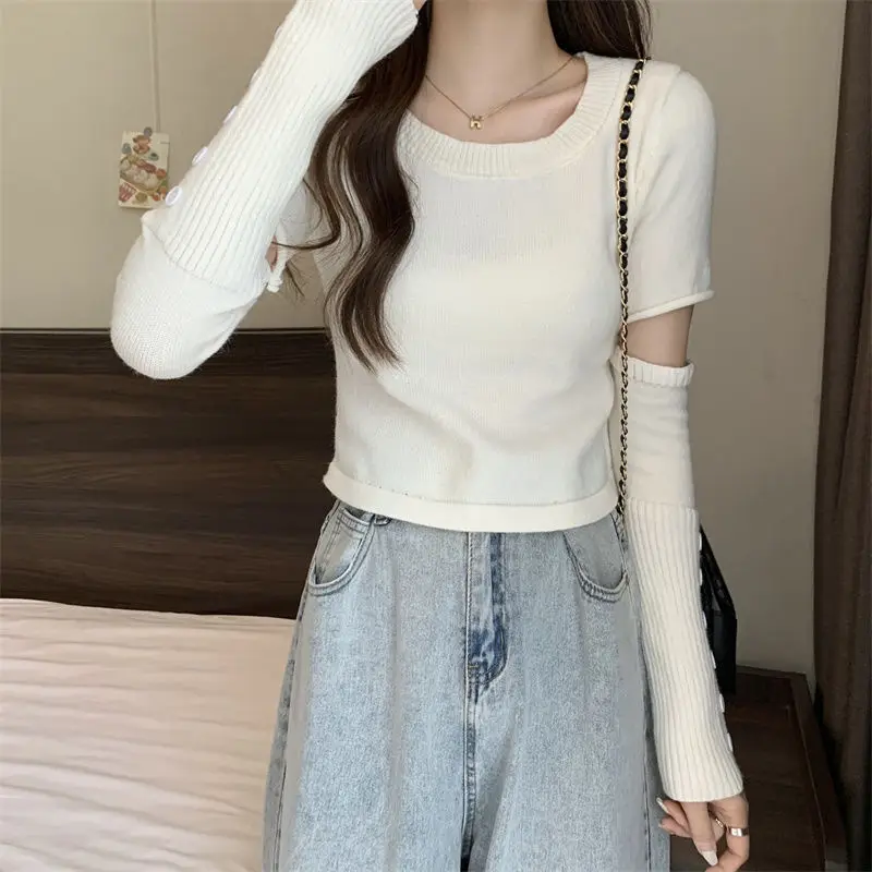 O-neck Knitting Pullovers Autumn Winter Thin Casual Long Sleeve Tops Interior Lapping Sweet Sweaters Women\'s Clothing 2023 New