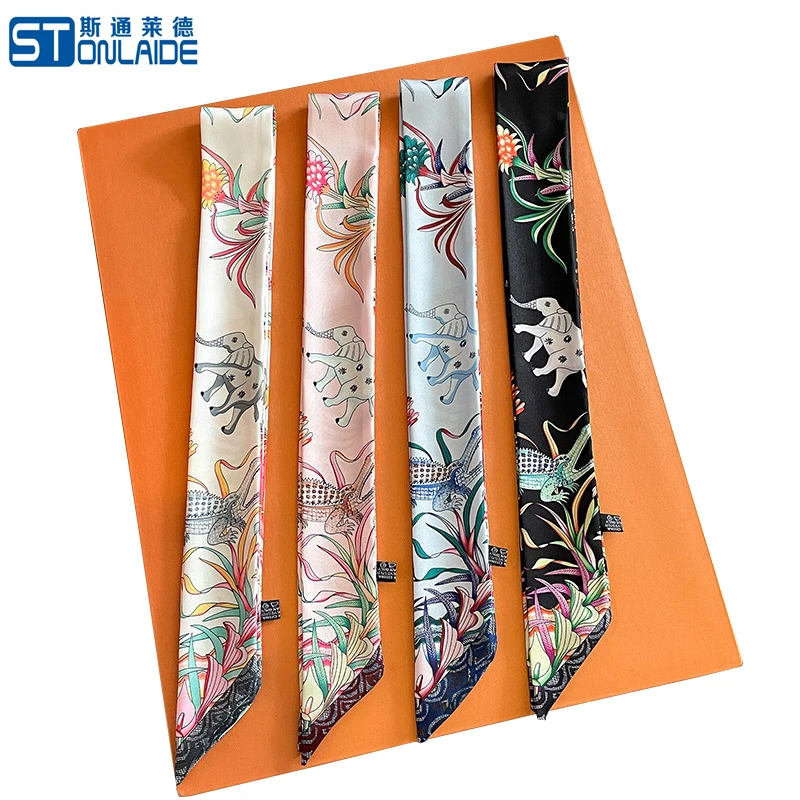 Animal Double-Sided Print Twill Silk Scarf Women Spring  Autumn All-match Wrist Strap Ribbon Hair Band Narrow Long Neckerchief