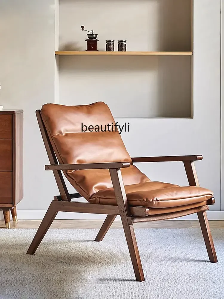 

xxxNordic Genuine Leather Couch Home Single Folding Chair Balcony Leisure Backrest Wood Recliner