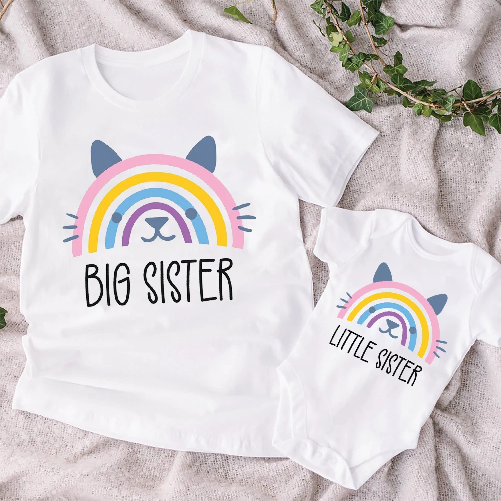 Big Sister Little Sister Rainbow Printed Family Matching Clother Girls Sibling Shirts Cartoon Rainbow Kids T-shirt Baby Bodysuit