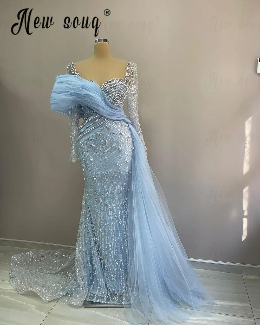 Blue Long Sleeve Evening Dress Luxury Tulle Side Train Mermaid Formal Prom Party Gowns New Fashion Vestidos De Noche Customized