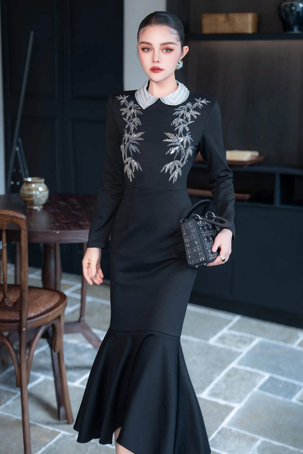 ZJYT Runway 2025 Fashion Embroidery Black Mermaid Dresses Women Long Sleeve Midi Prom Party Dress Elegant Spring New Vestidos