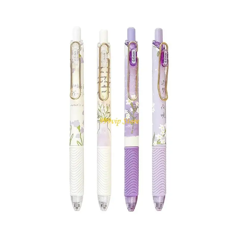 

C90C 4PCS Flower Retractable Gel Inks Pen with Metal Clip 0.5MM Tip Gel Pen Black Inks Quick Dry for Journaling Note Taking