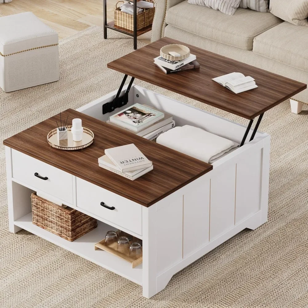 Farmhouse Rustic Coffee Tables，Lift Top Wood Tea Table with Big Open Storage, Square Coffee Tables for Living Room