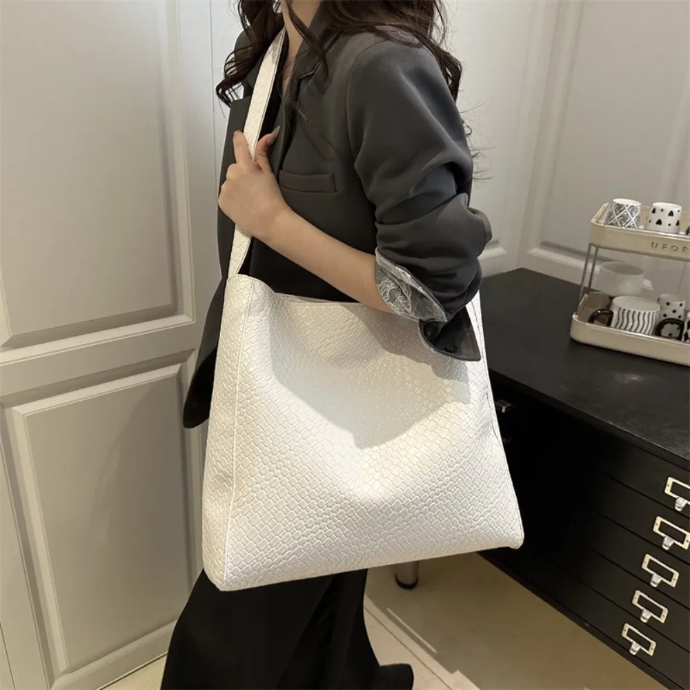 

Fashionable Solid Color Pu Leather Tote Bag Vintage Woven Pattern Shoulder Bag Leisure Large Capacity Women's Handbag Work