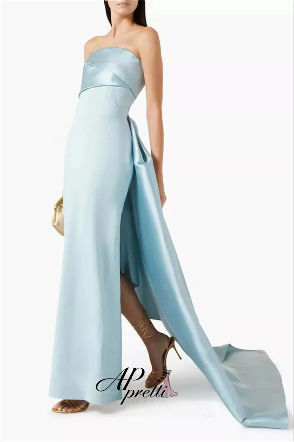 AP pretti Customized Graceful Light Blue Pleat Strapless Satin Formal Party Dress Straight Evening Gown Dress Reception Dress