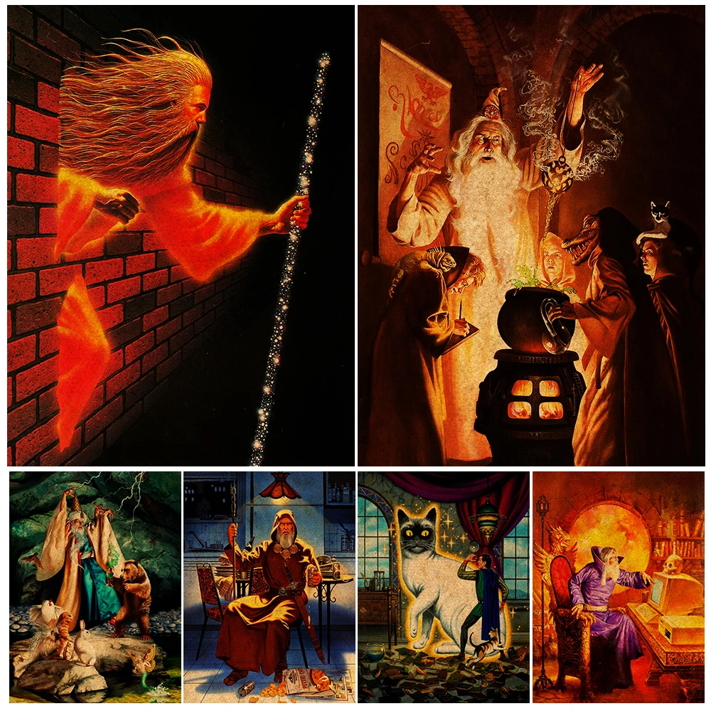 Wizards And Magic Apprentices Vintage Wall Art Canvas Painting The Wizard Casting Spells On The Computer Art Poster Print Decor