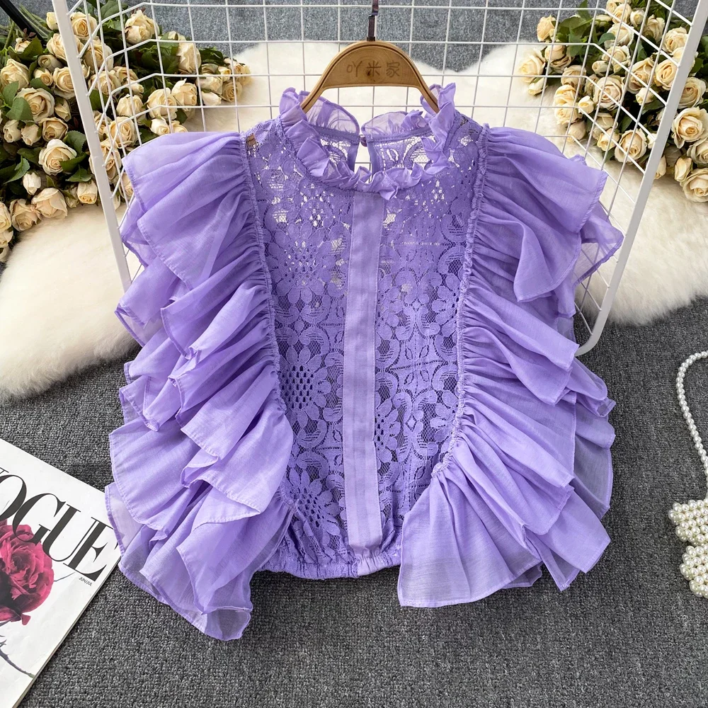 Neploe 2024 Summer Haute Couture Solid Color Blouse French Ruffle Stitching Hook Flower Hollowed Out Standing Collar Lace Shirt