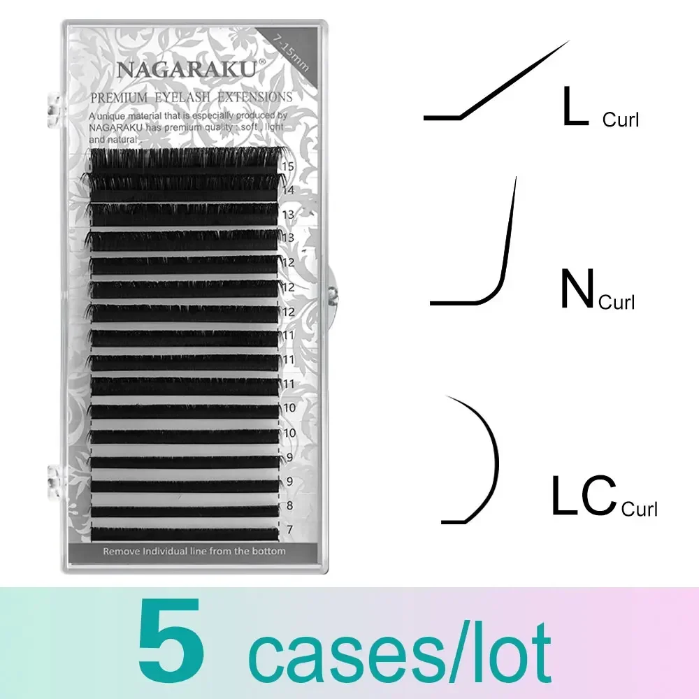 

NAGARAKU 5 cases LC / N curl False Eyelash Extensions Faux Mink Matt Black 8-15mm Mixed Soft Natural L+ Makeup Lashes