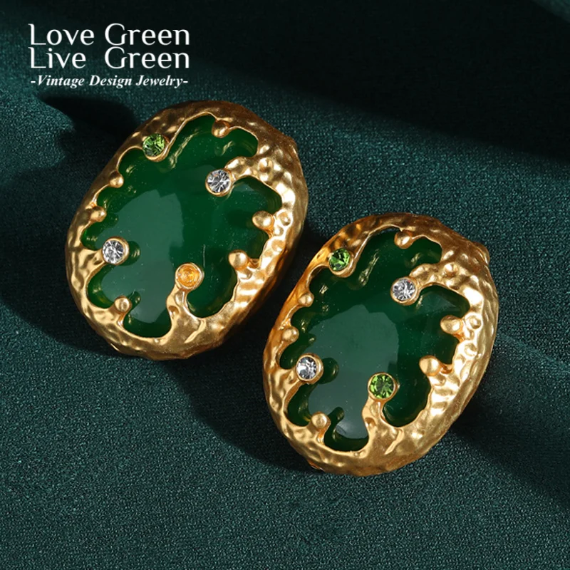 

Vintage Emerald Green Earrings Jade Stud Natural Stone Gold Color Quality Luxury Designer Elegant Wedding Gifts New Trend 2025