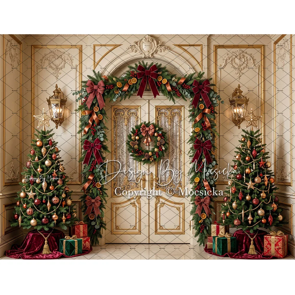 Mocsicka Christmas Palace Entrance Backdrop Photography White Column Door Pine Wreath Xmas Tree Gifts Backdrop Newborn Portrait