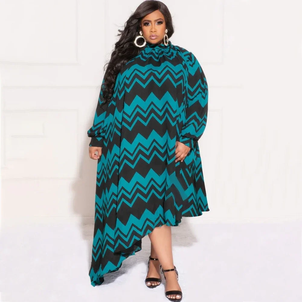 3XL 4XL Big Size New Muslim African Dresses For Women Robe Print Long Sleeve Novelty Maxi Dress Asymmetrical Kanga Clothing