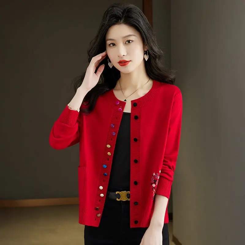 Cardigan Sweater Women's Spring and Autumn New Embroidered Loose Large Size Knitted Solid Color Versatile Top