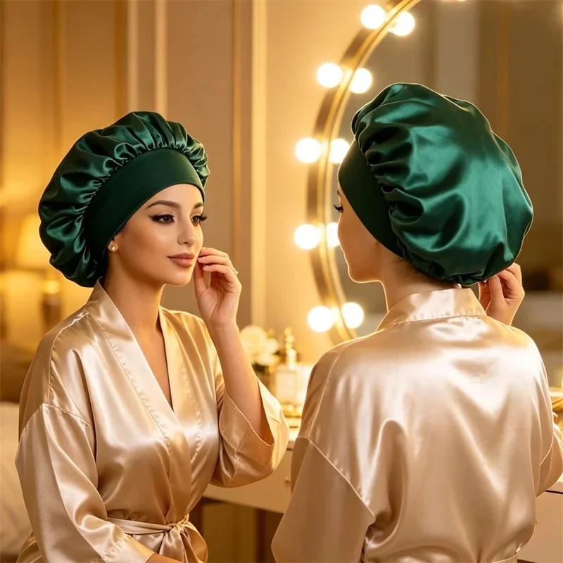Solid Color Satin Nightcap Women Wide Band Stretch Turban Night Sleep Cap Hair Care Bonnet Hat Chemo Cancer Caps Headscarf Wrap