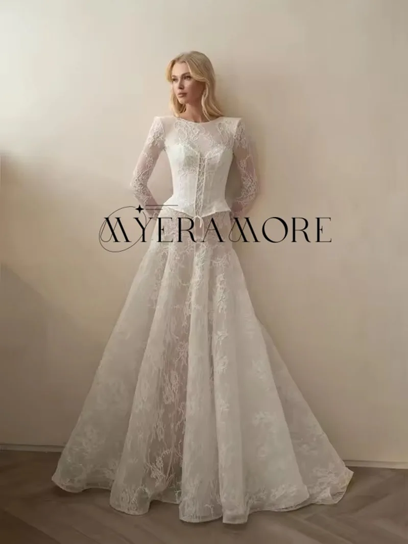 

Fashion Lace Wedding Dresses A-Line Long Sleeve Pleat Floor-Lenght Bridal Gowns Customized vestidos de novia