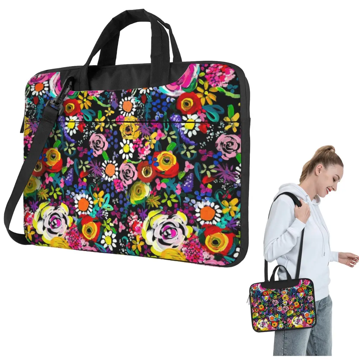 

Les Fleurs Vibrant Floral Painting Print Crossbody Laptop Bag Case Computer Bag 13 14 15.6 Inch Notebook Pouch for Macbook Pro