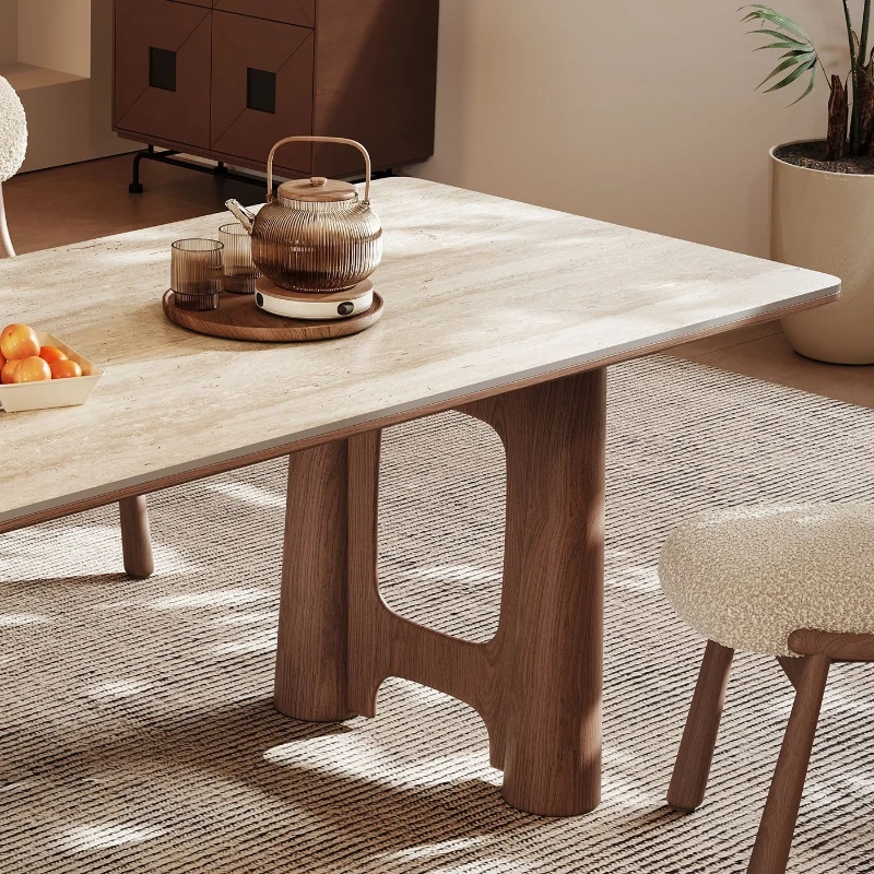 

Medieval solid wood rectangular, household walnut Italian minimalist travertine rock slab dining table