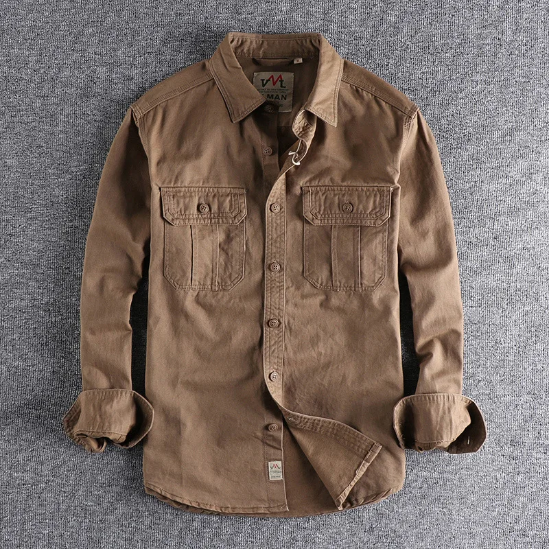QICHE European American Men Minimalist Washed Distressed Multi Pocket Work Long Sleeve Versatile Shirt Jacket