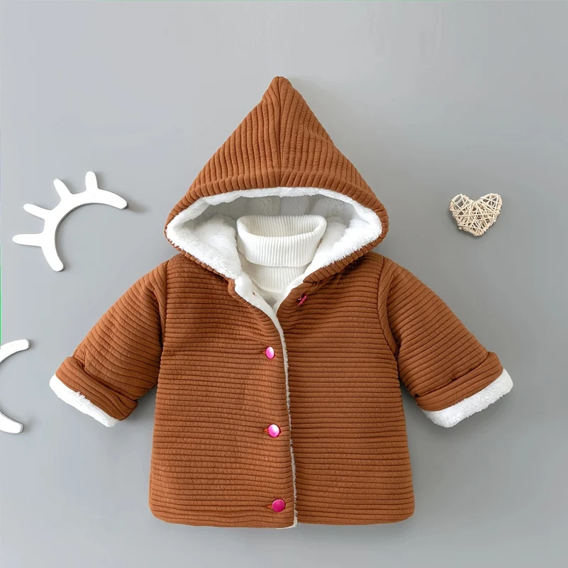 Autumn/Winter 2024 Boys' Fashion Single breasted Striped Casual Hooded Plush and Thickened Winter Cotton Clothes 2-6 Years Old