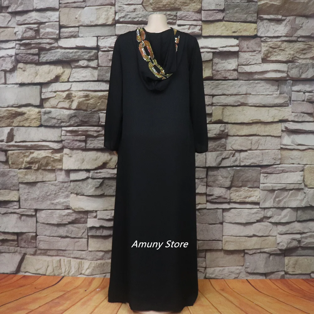Fashion African-American Robe Hooded Black Rhinestone Embellished Dress