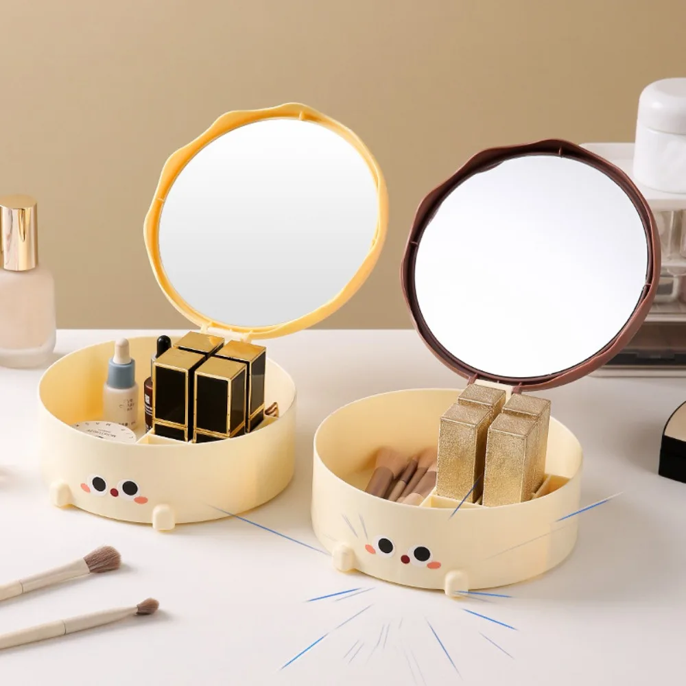 Cartoon Plastic Makeup Mirror High-definition Round Cake Mirror Folding Desktop Jewelry Storage Box Women