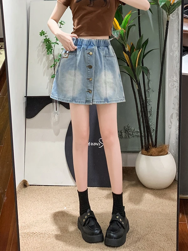 

plus Size Women's Jeans Short A-Line Skirt Pants High Waist Wide Leg Slimming Denim Blue Cotton Blend Summer Fashion
