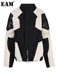 [EAM] Black Pu Leather Color-block Big Size Jacket New Lapel Long Sleeve Women Coat Fashion Tide Spring Autumn 2024 CPG0825