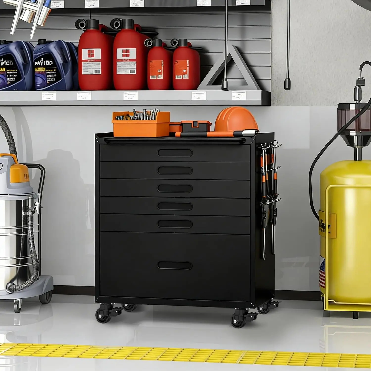 Metal Storage Cabinet for Garage, Tool Cabinet, Utility Cabinet | Wheeled, Rolling Tool Cabinet, 6 Drawers, Top Countertop, Pegb