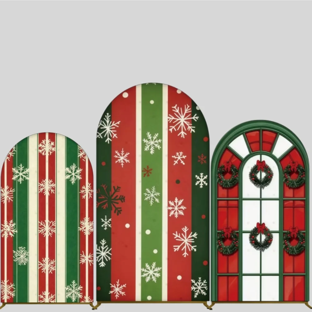 Christmas Arch Backdrop Cover Decoration Red Green Striped Snowflake Xmas Party Arched Wall Photography Background Banner Props