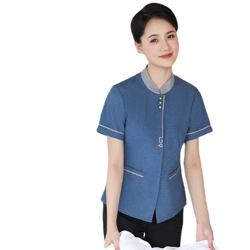 Novo estilo de uniforme de trabalho de limpeza para mulheres, manga curta, verão, hotel, casa de hóspedes, limpeza, gerenciamento de propriedades, tiaPAU